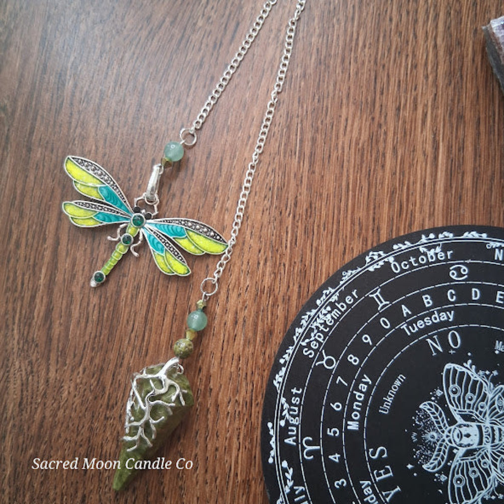 Unakite amazonite dragonfly pendulum by Sacred Moon Candle Co with green stone and decorative dragonfly charm