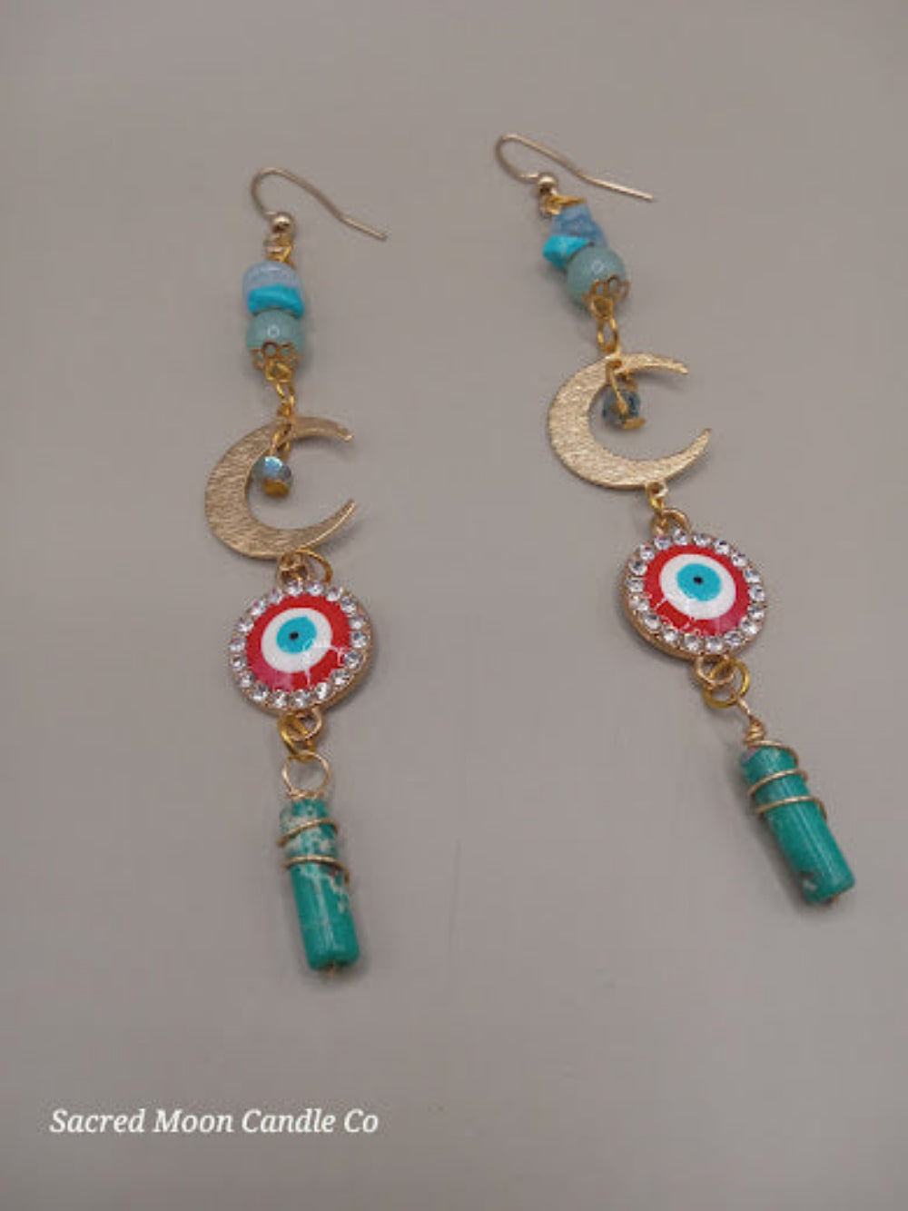Wire wrapped evil eye earrings with turquoise beads gold crescent moon and turquoise pendant