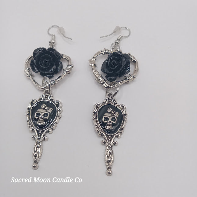 Beautiful death hand mirror skull gothic heart rose dangle earrings from Sacred Moon Candle Co