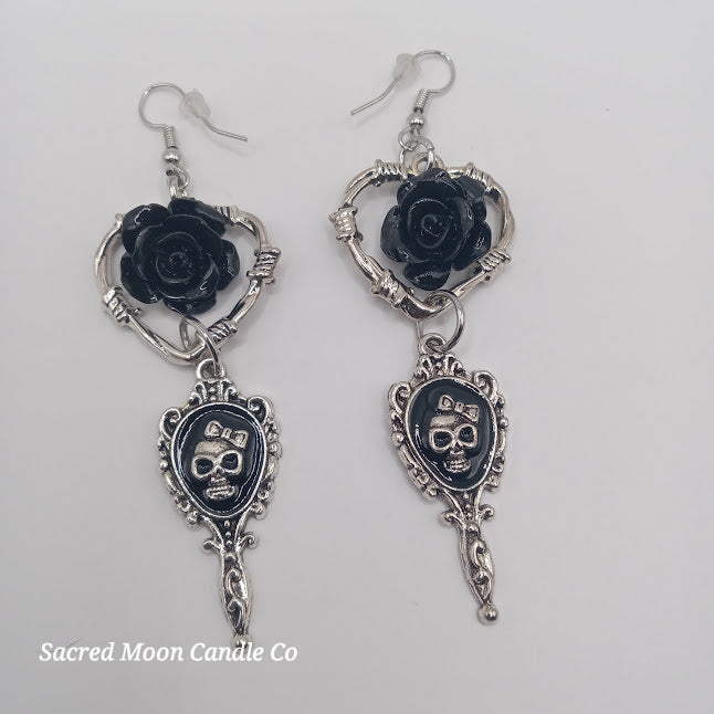Sacred Moon Candle Co beautiful death hand mirror skull gothic heart rose dangle earrings in silver and black