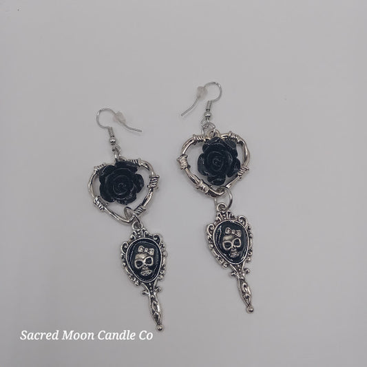 Sacred Moon Candle Co beautiful death hand mirror skull gothic heart rose dangle earrings with black rose and silver skull design