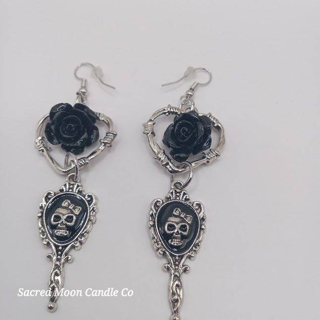 Beautiful death hand mirror skull gothic heart rose dangle earrings by Sacred Moon Candle Co in silver and black