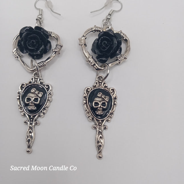 Beautiful death black hand mirror skull gothic heart black rose dangle earrings by Sacred Moon Candle Co