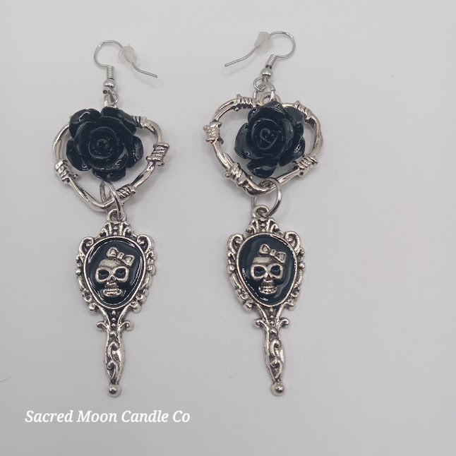 Black and silver beautiful death hand mirror skull gothic heart rose dangle earrings by Sacred Moon Candle Co
