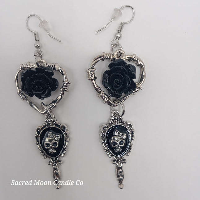 Beautiful death hand mirror skull gothic heart black rose dangle earrings by Sacred Moon Candle Co
