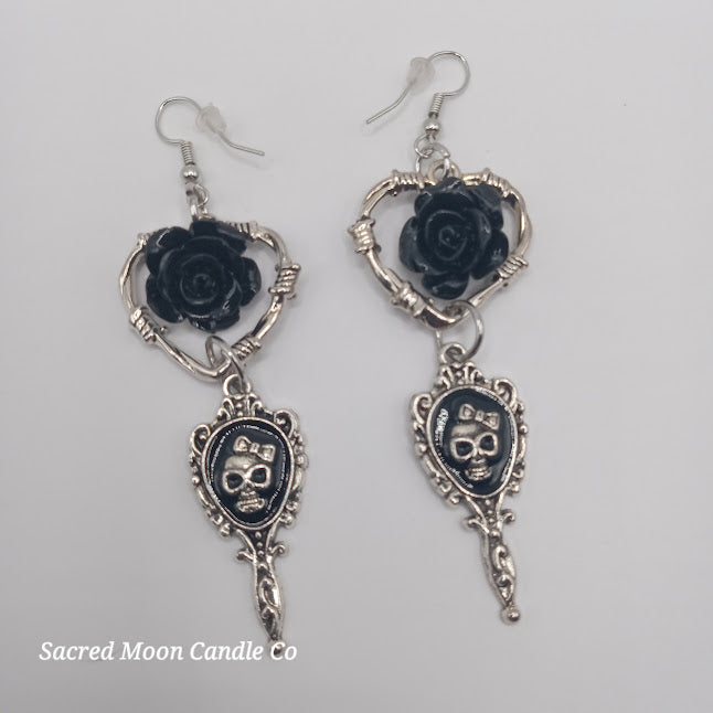 Beautiful death hand mirror skull gothic heart rose dangle earrings by Sacred Moon Candle Co