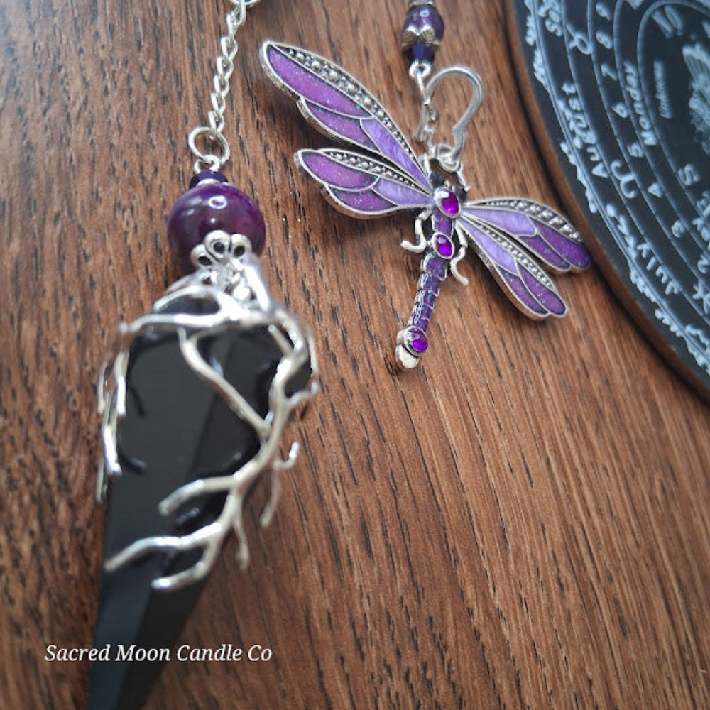 Black tourmaline Purple Tigers Eye Dragonfly Pendulum altar tool with silver chain and purple accents by Sacred Moon Candle Co