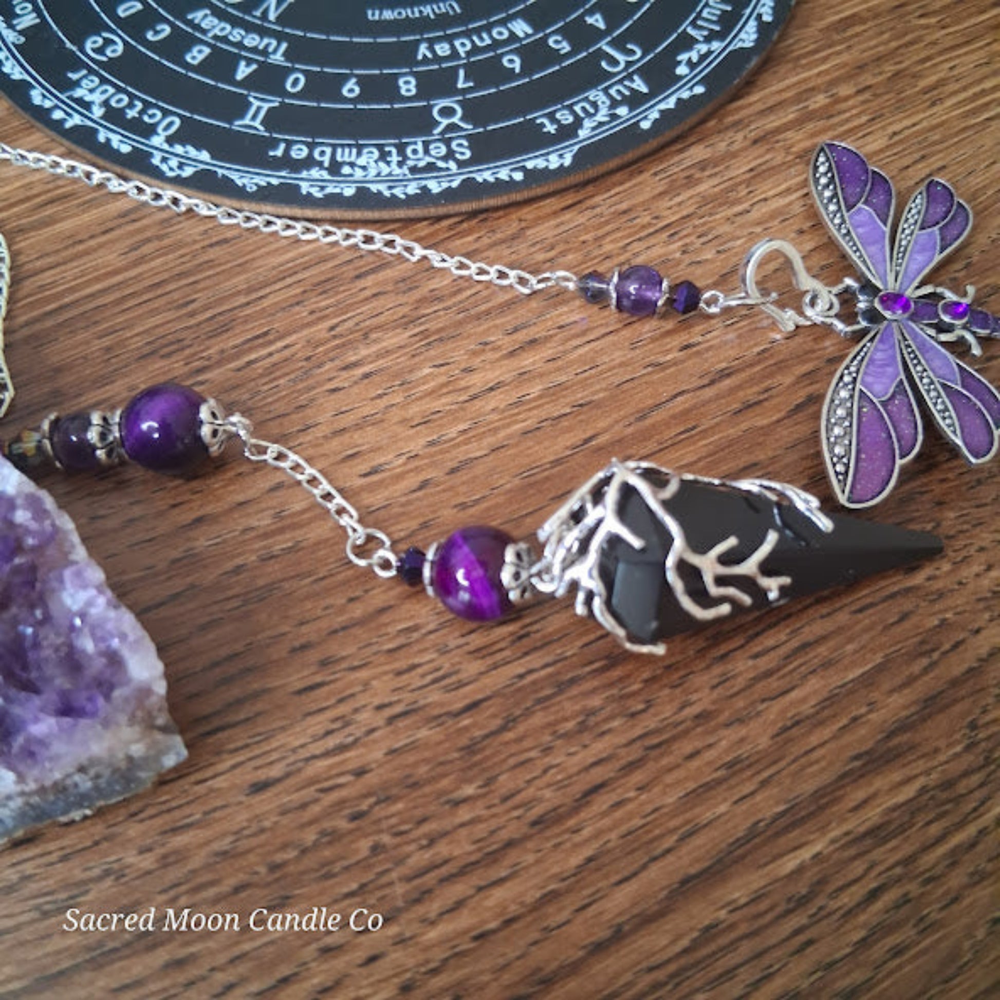 Black tourmaline Purple Tigers Eye Dragonfly Pendulum with silver chain and purple dragonfly charm by Sacred Moon Candle Co