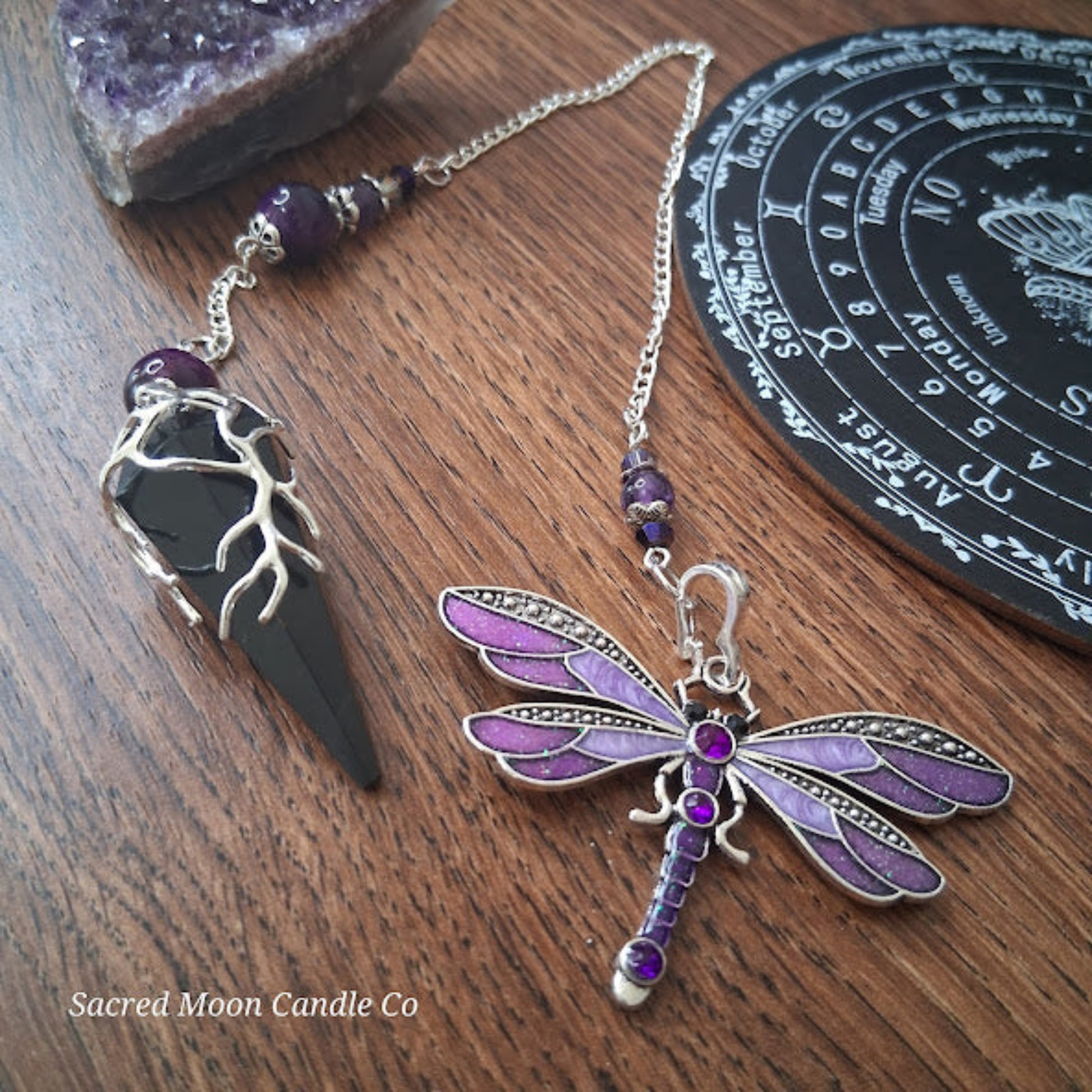 Black tourmaline Purple Tigers Eye Dragonfly Pendulum altar tool with amethyst beads from Sacred Moon Candle Co