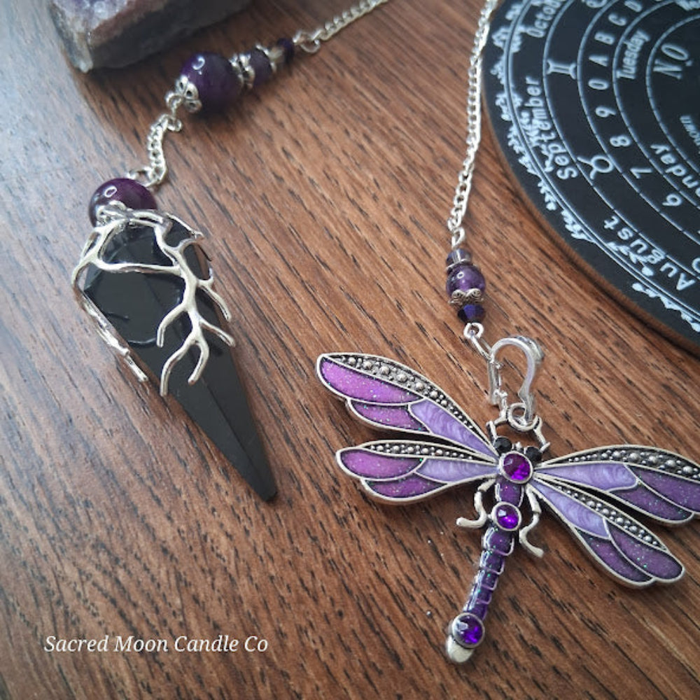 Black tourmaline Purple Tigers Eye Dragonfly Pendulum with silver chain and purple beads from Sacred Moon Candle Co