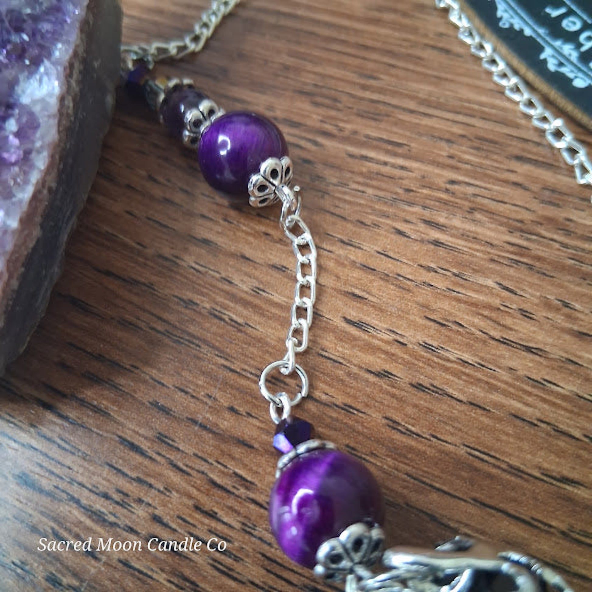 Black tourmaline Purple Tigers Eye Dragonfly Pendulum with purple beads and silver chain altar tool