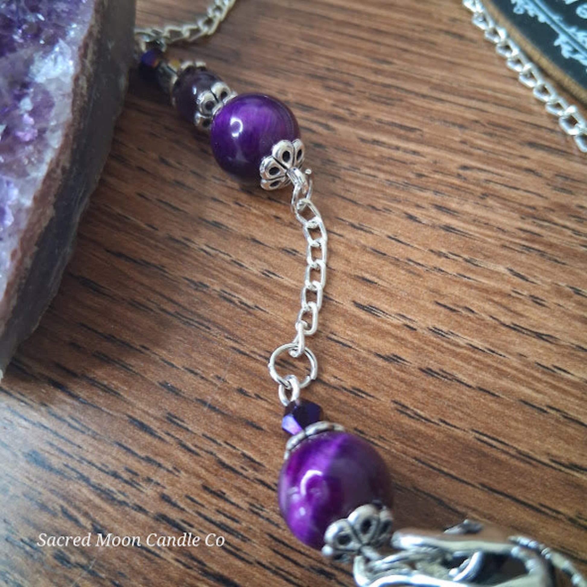 Black tourmaline Purple Tigers Eye Dragonfly Pendulum with purple beads and silver chain by Sacred Moon Candle Co