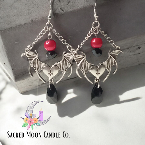 Sacred Moon Candle Co gothic bat jewelry set earrings with silver wings red and black beads