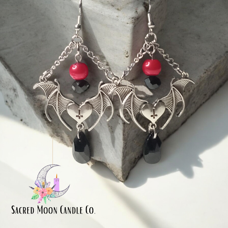 Sacred Moon Candle Co gothic bat jewelry set earrings with silver bat wings and red and black beads