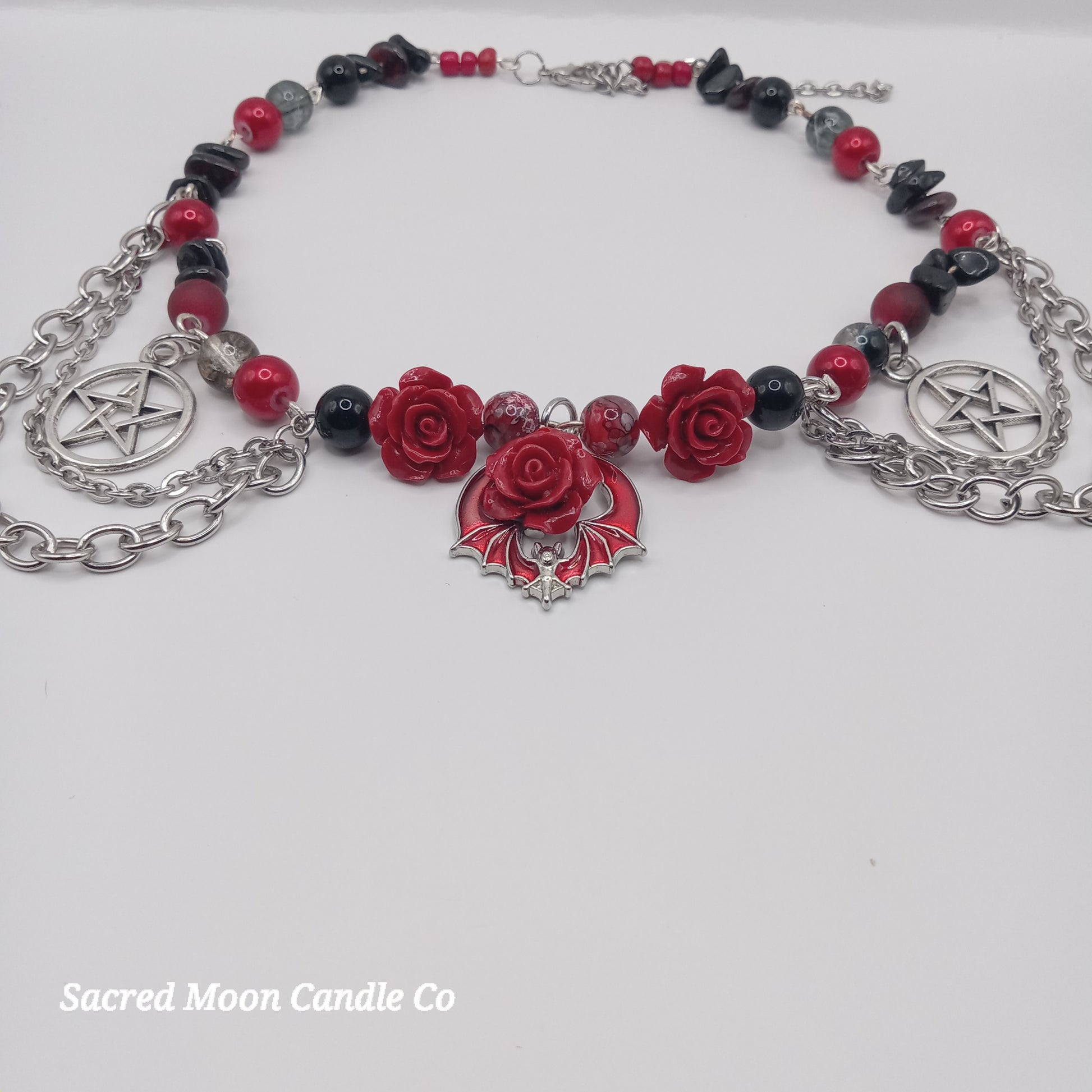 Handmade rose bat choker with red roses silver bat pendant black and red beads and chains