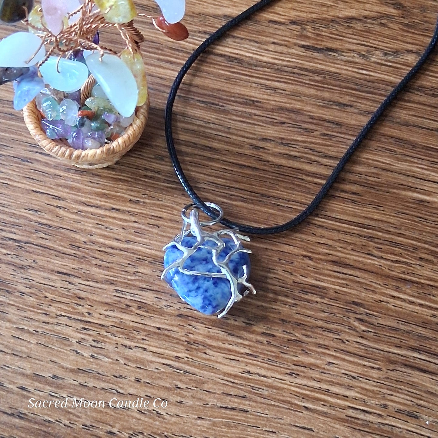 Lapis Lazuli Tree Branch Wrapped Heart Stone Pendant Necklace on black cord from Sacred Moon Candle Co close up