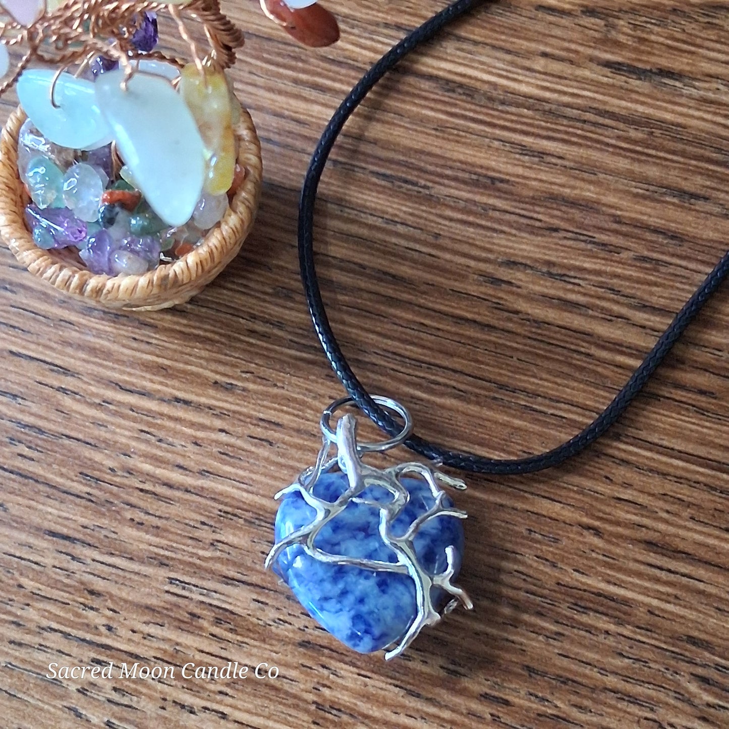 Lapis Lazuli Tree Branch Wrapped Heart Stone Pendant Necklace on black cord by Sacred Moon Candle Co close up 4