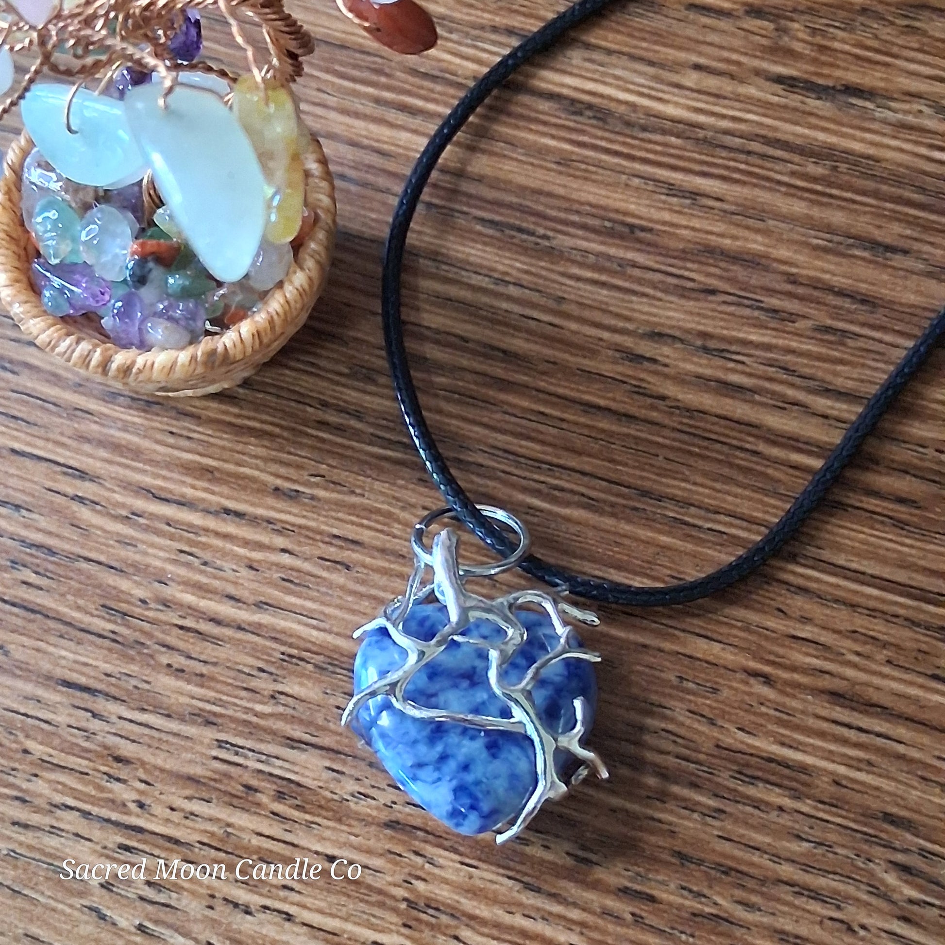 Lapis Lazuli Tree Branch Wrapped Heart Stone Pendant Necklace on black cord by Sacred Moon Candle Co close up 5