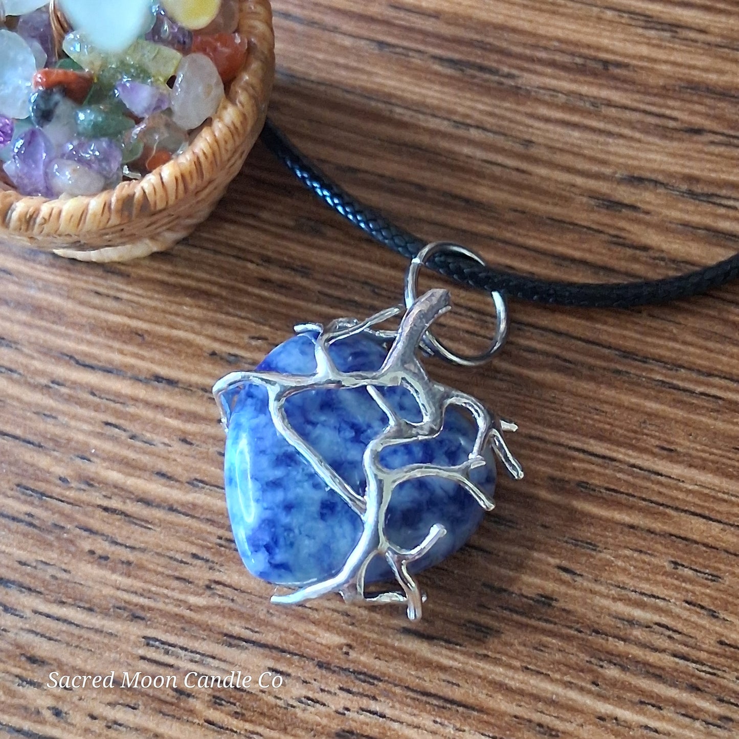 Lapis Lazuli Tree Branch Wrapped Heart Stone Pendant Necklace on black cord by Sacred Moon Candle Co close up 7