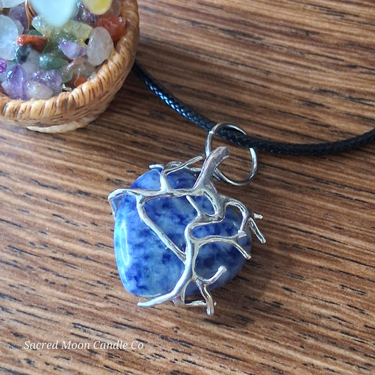 Lapis Lazuli Tree Branch Wrapped Heart Stone Pendant Necklace on black cord by Sacred Moon Candle Co close up 7