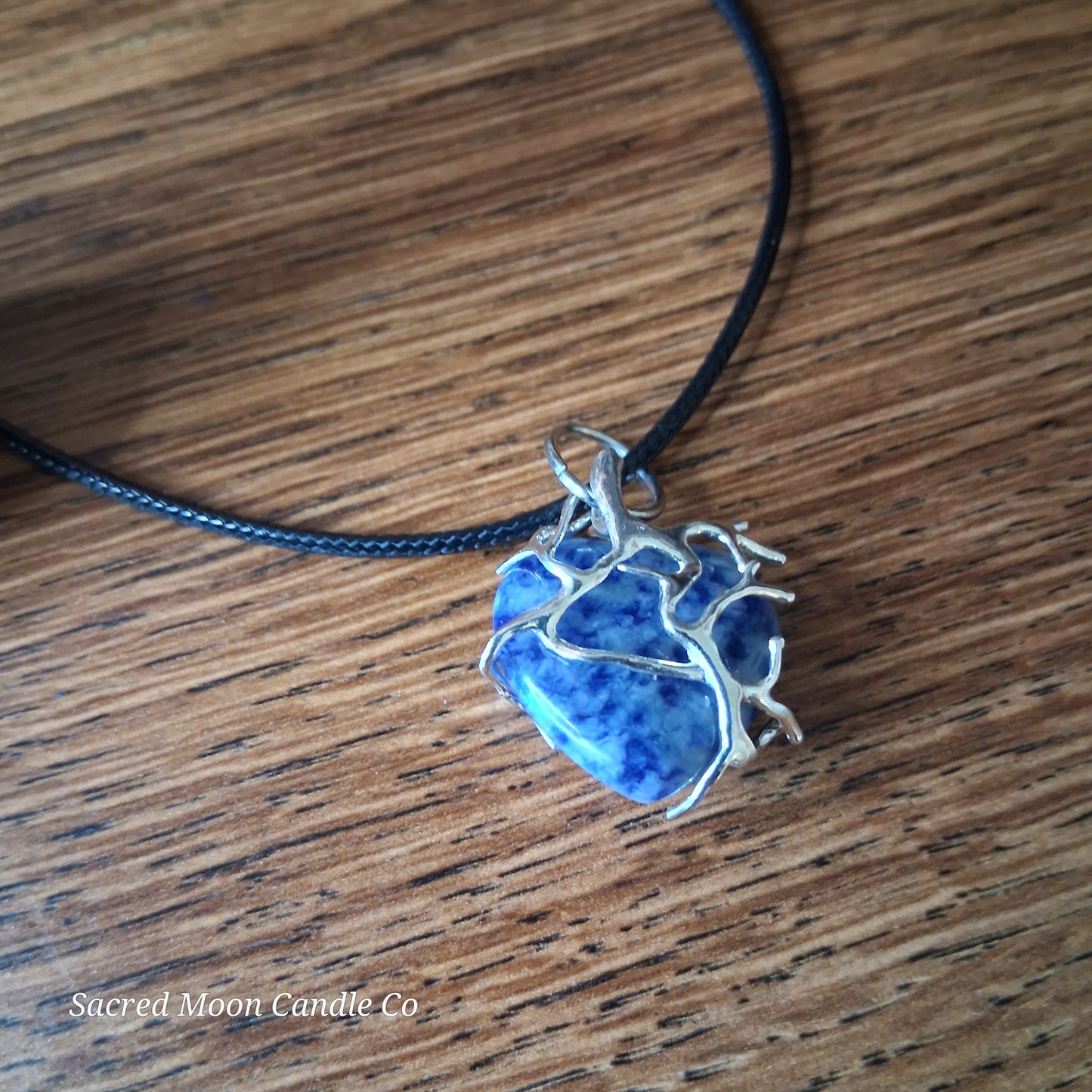 Lapis Lazuli Tree Branch Wrapped Heart Stone Pendant Necklace on black cord by Sacred Moon Candle Co close up 10