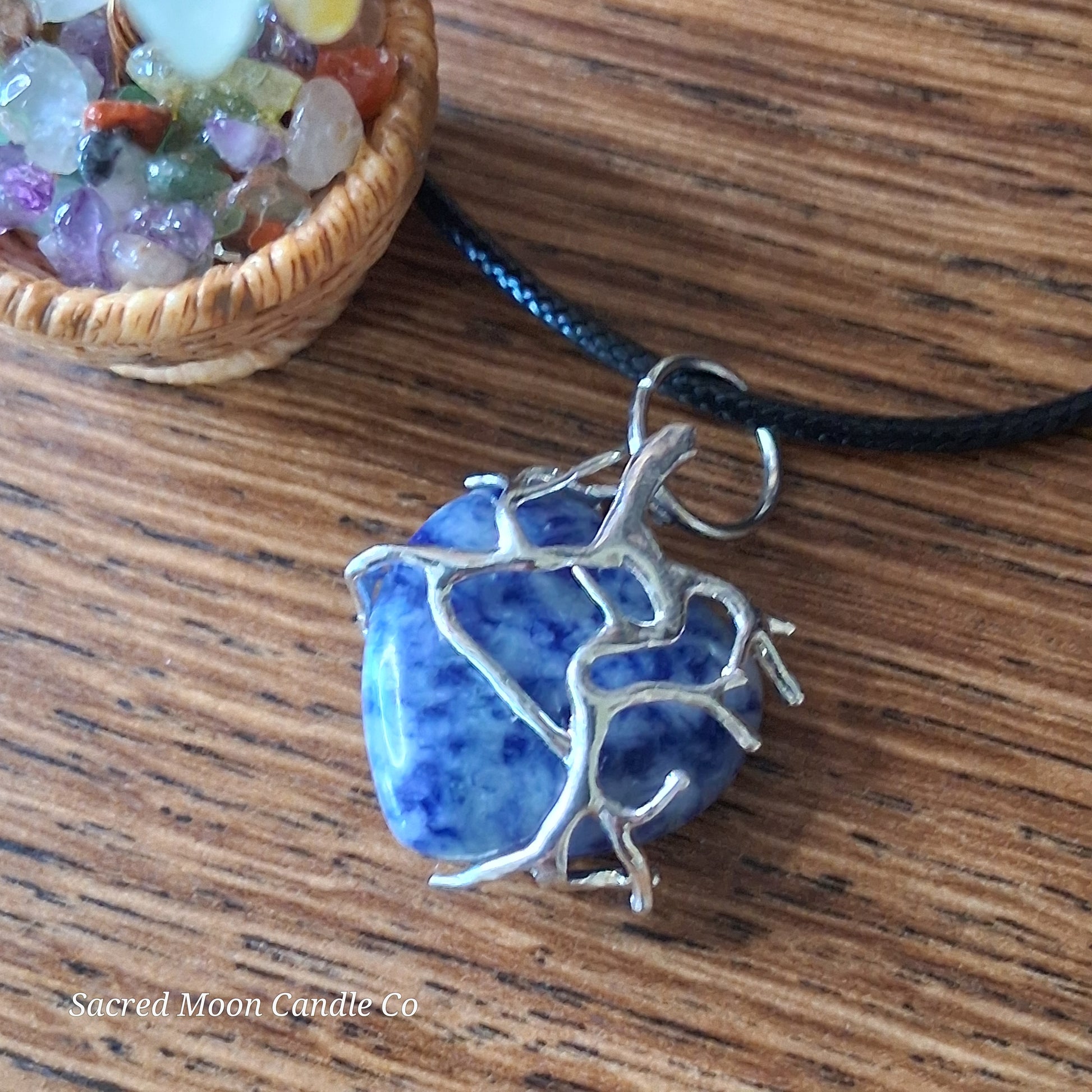 Lapis Lazuli Tree Branch Wrapped Heart Stone Pendant Necklace by Sacred Moon Candle Co on black cord