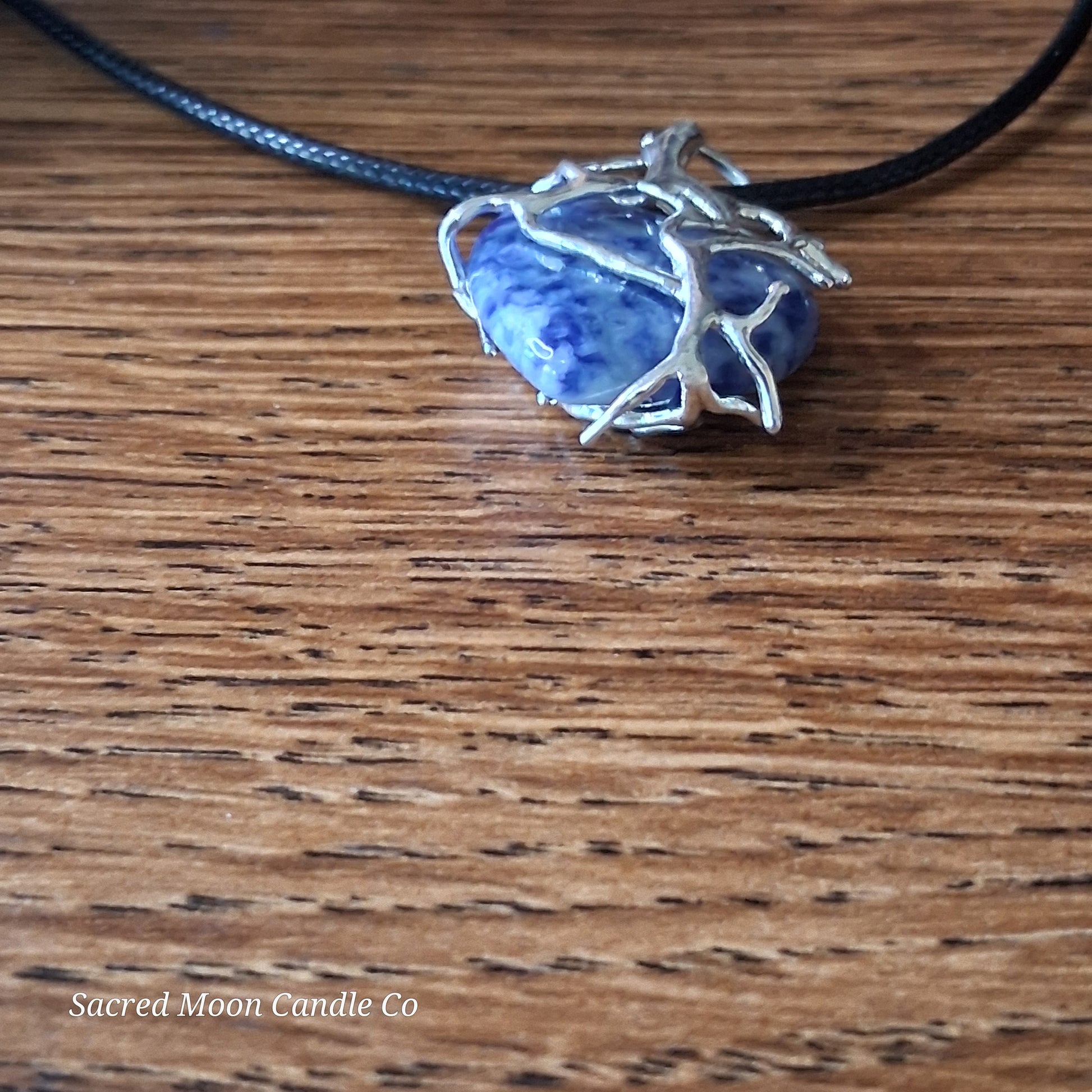Lapis Lazuli Tree Branch Wrapped Heart Stone Pendant Necklace on black cord from Sacred Moon Candle Co