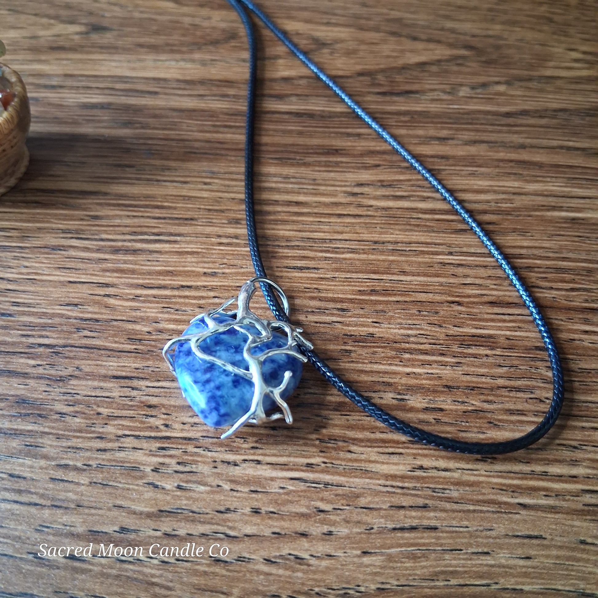 Lapis Lazuli Tree Branch Wrapped Heart Stone Pendant Necklace on black cord from Sacred Moon Candle Co close up 8