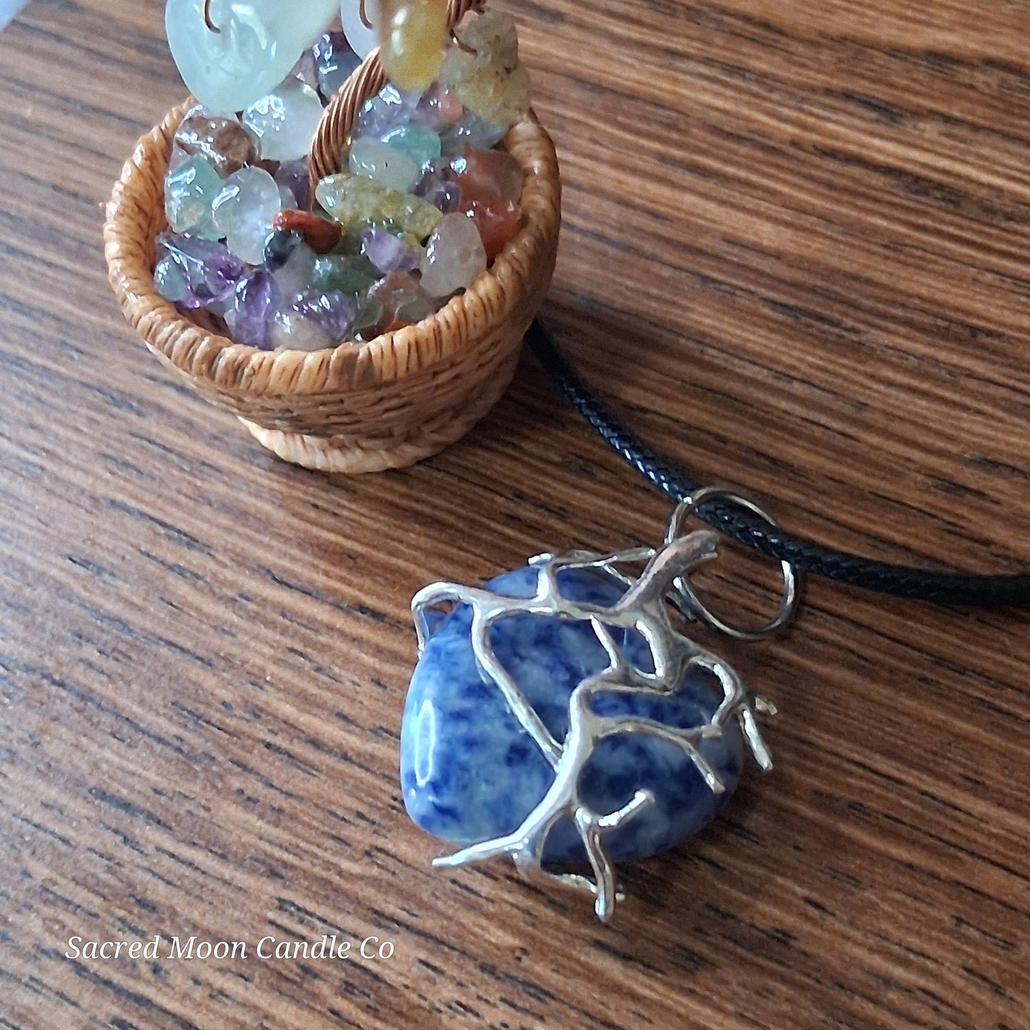 Lapis Lazuli Tree Branch Wrapped Heart Stone Pendant Necklace by Sacred Moon Candle Co on black cord close up 6