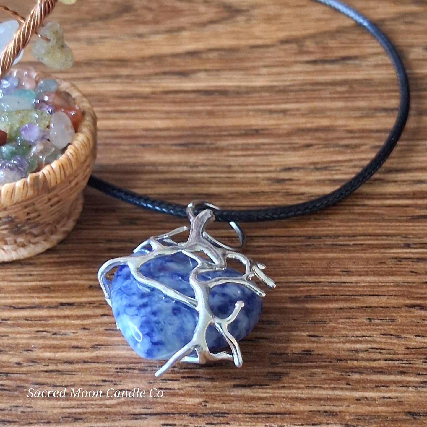 Lapis Lazuli Tree Branch Wrapped Heart Stone Pendant Necklace with silver branch design on black cord