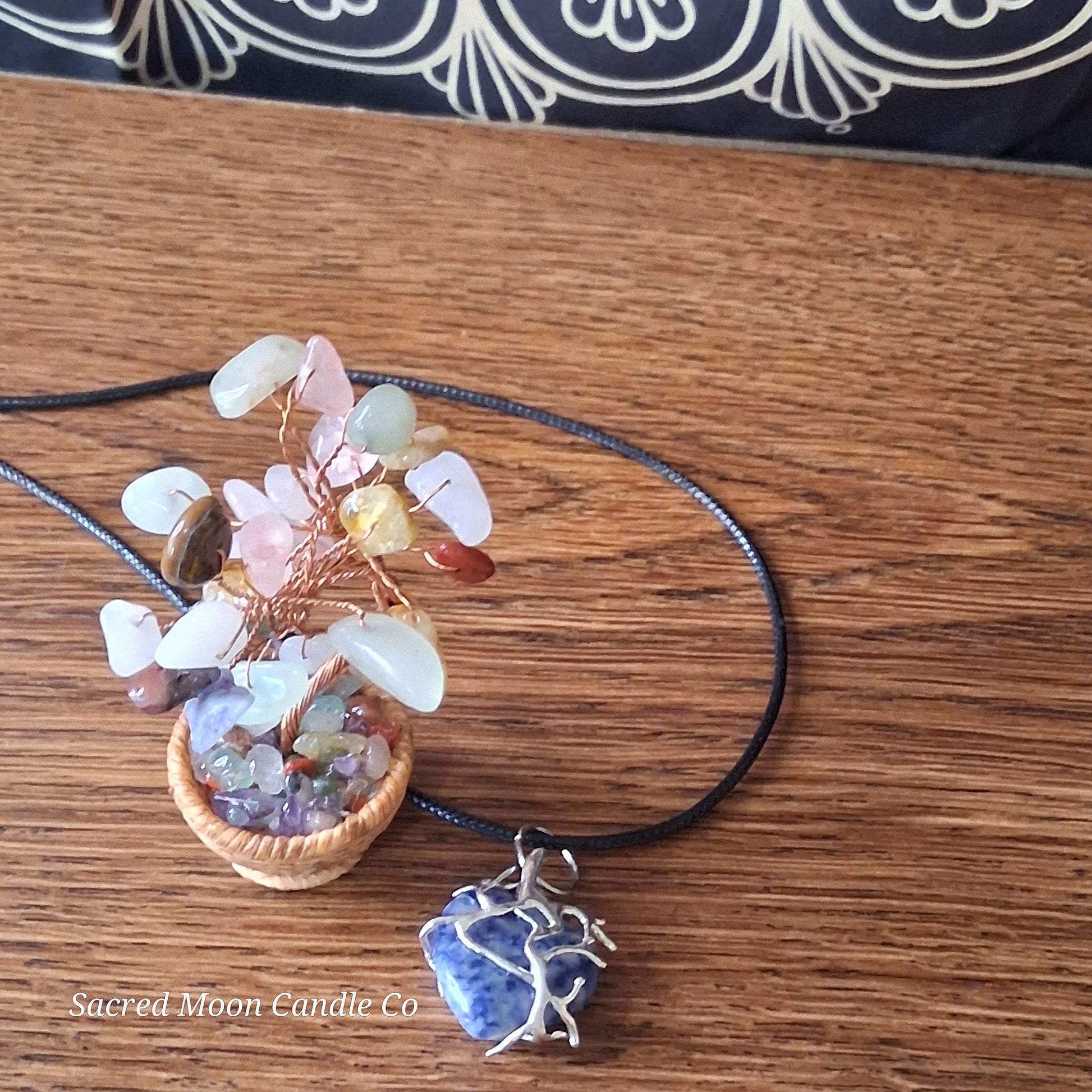 Lapis Lazuli Tree Branch Wrapped Heart Stone Pendant Necklace on black cord by Sacred Moon Candle Co