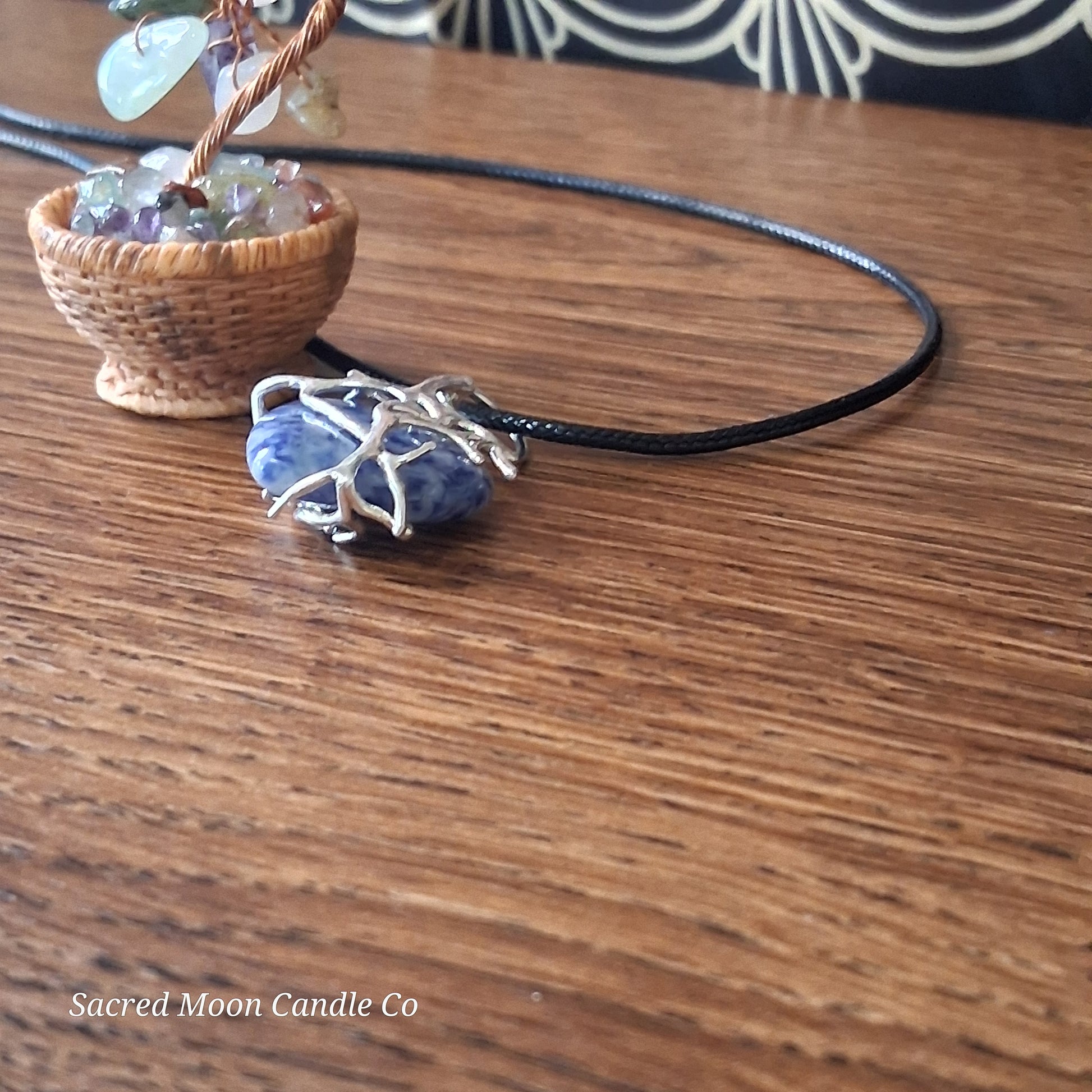 Lapis Lazuli Tree Branch Wrapped Heart Stone Pendant Necklace on black cord by Sacred Moon Candle Co close up 11