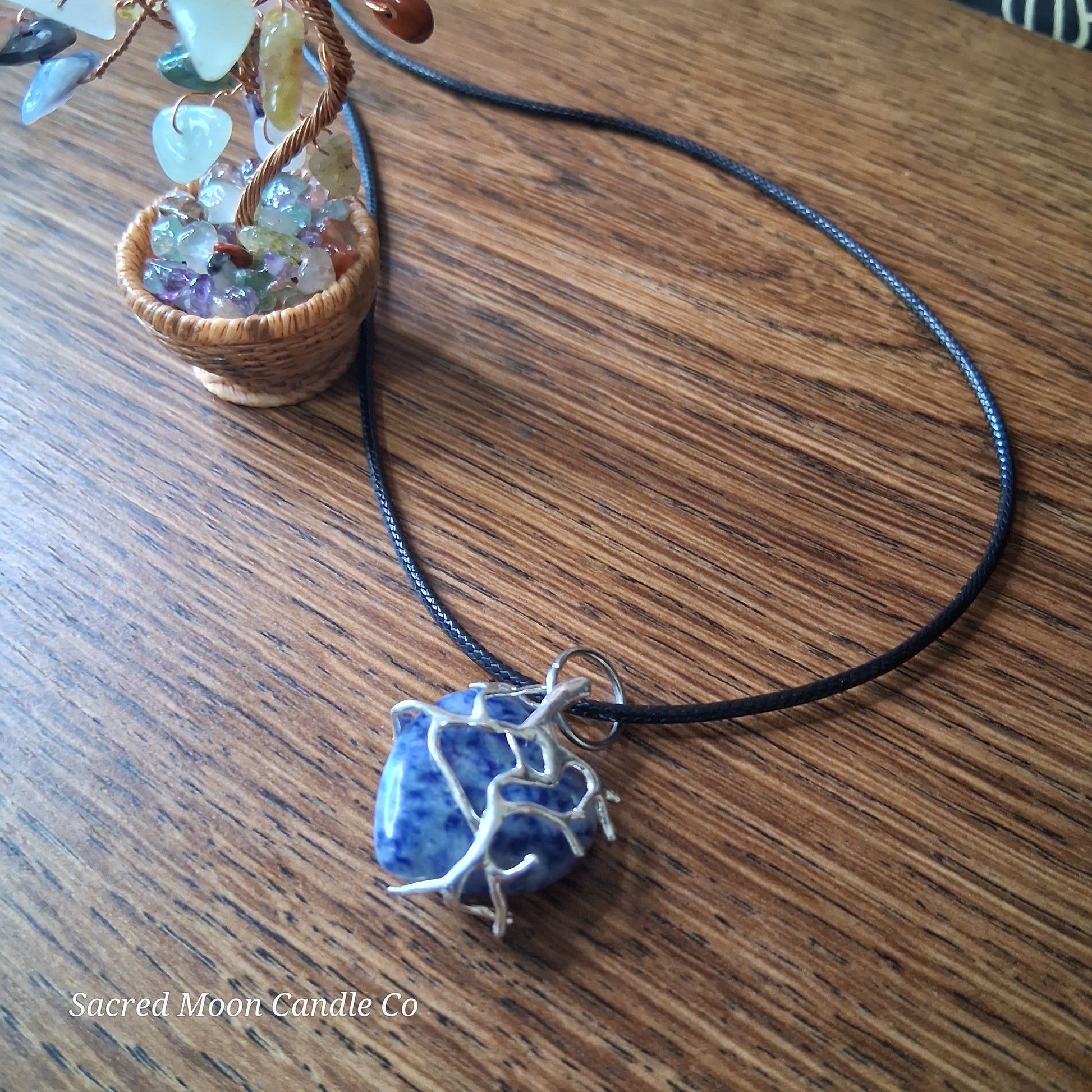 Lapis Lazuli Tree Branch Wrapped Heart Stone Pendant Necklace on black cord from Sacred Moon Candle Co close up 10