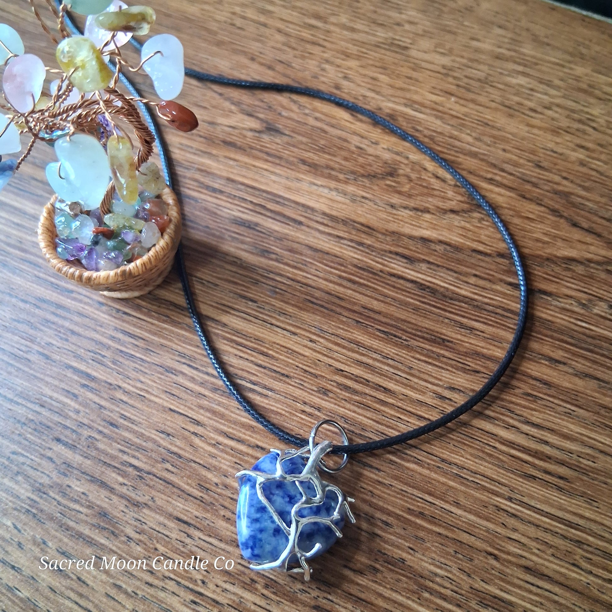 Lapis Lazuli Tree Branch Wrapped Heart Stone Pendant Necklace on black cord by Sacred Moon Candle Co close up 9