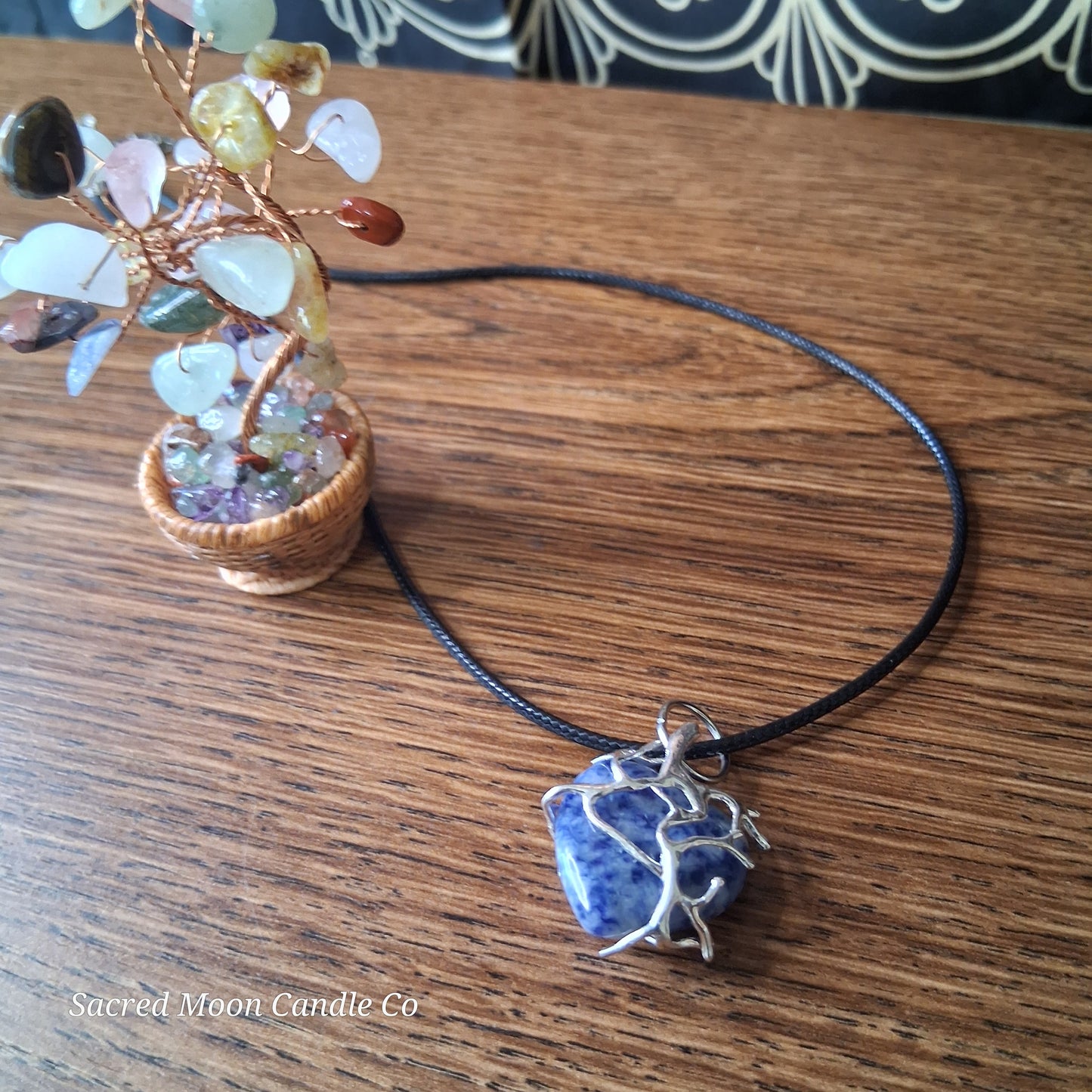 Lapis Lazuli Tree Branch Wrapped Heart Stone Pendant Necklace on black cord from Sacred Moon Candle Co close up 