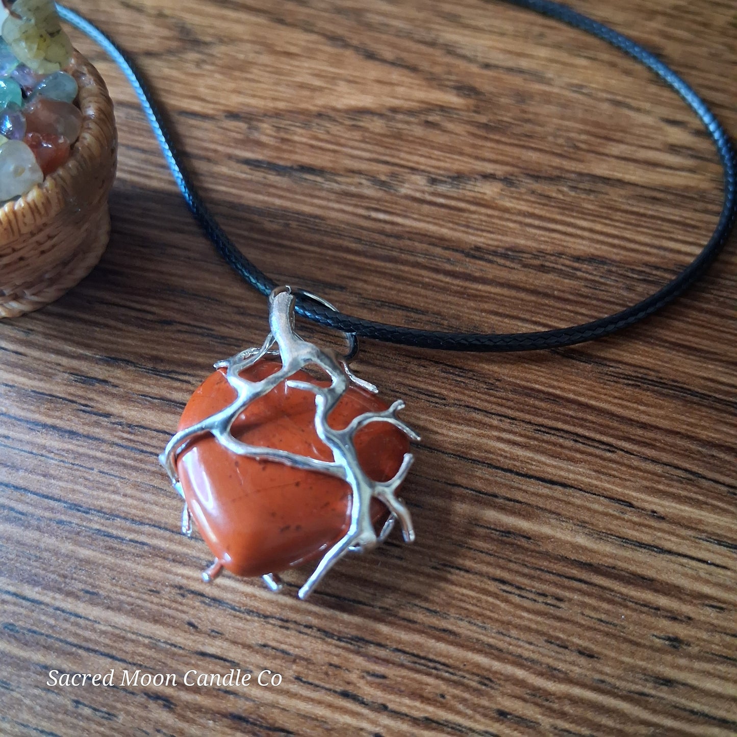 Red Jasper Tree Branch Wrapped Heart Stone Pendant Necklace by Sacred Moon Candle Co