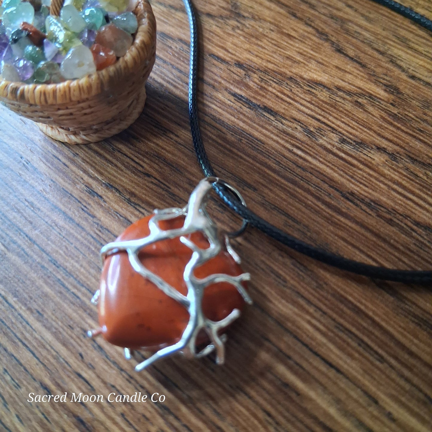 Red Jasper Tree Branch Wrapped Heart Stone Pendant Necklace by Sacred Moon Candle Co on black cord