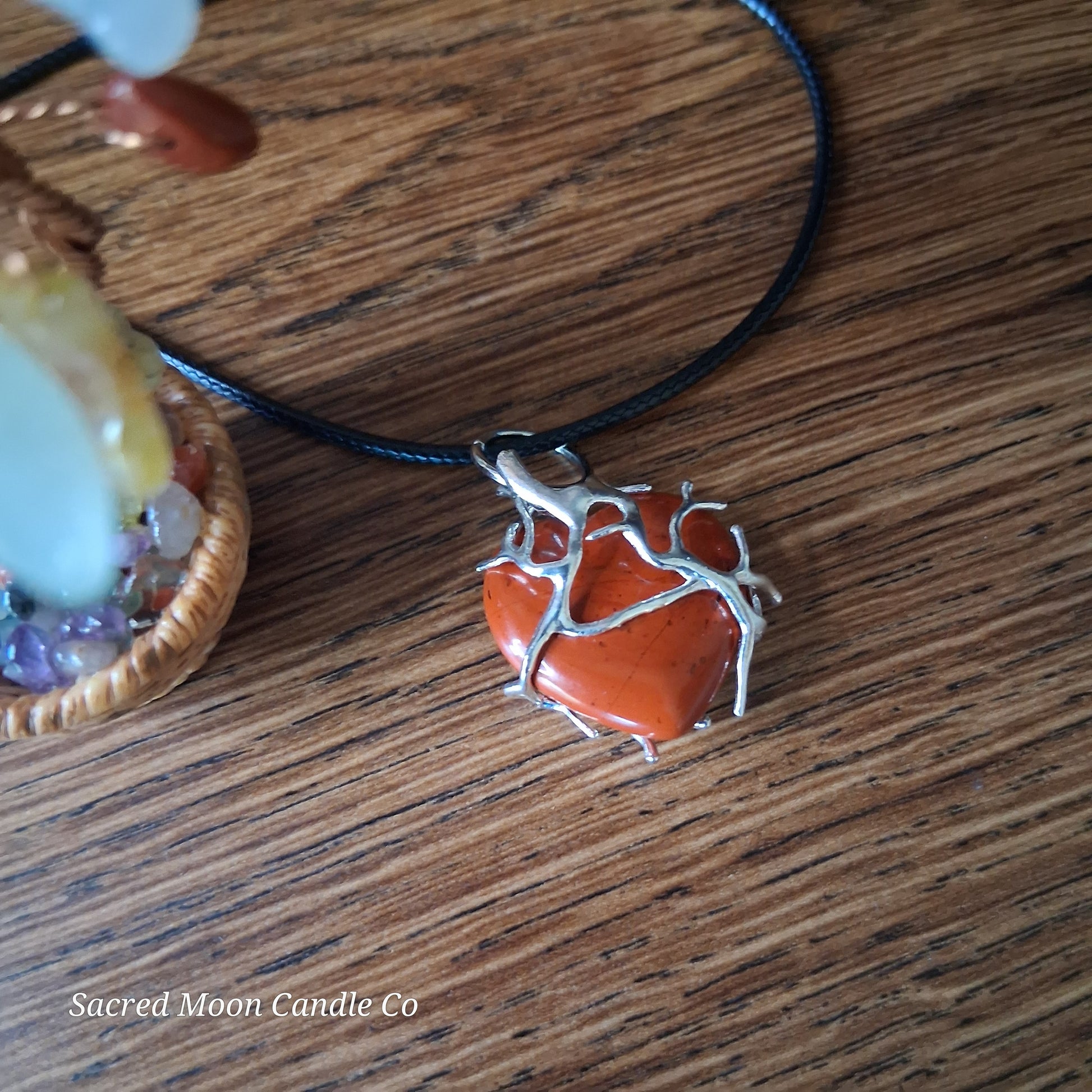 Red Jasper Tree Branch Wrapped Heart Stone Pendant Necklace from Sacred Moon Candle Co on black cord