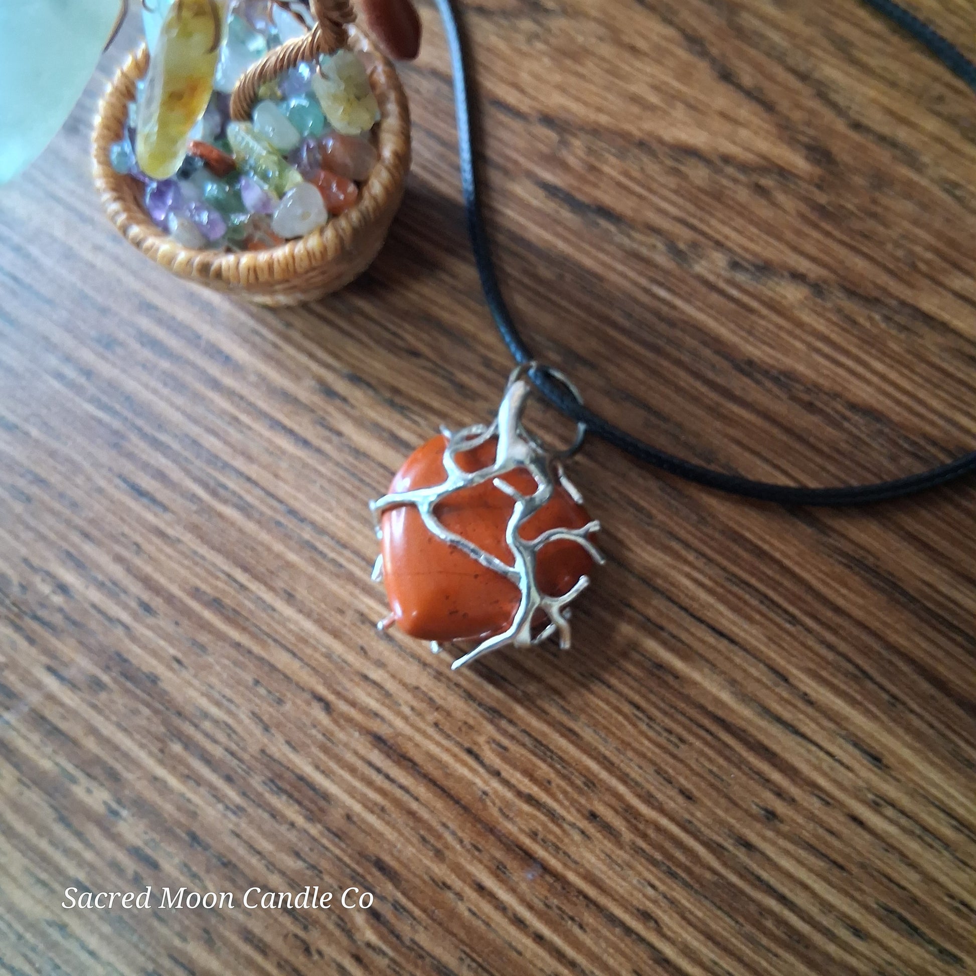 Red Jasper Tree Branch Wrapped Heart Stone Pendant Necklace from Sacred Moon Candle Co on a black cord