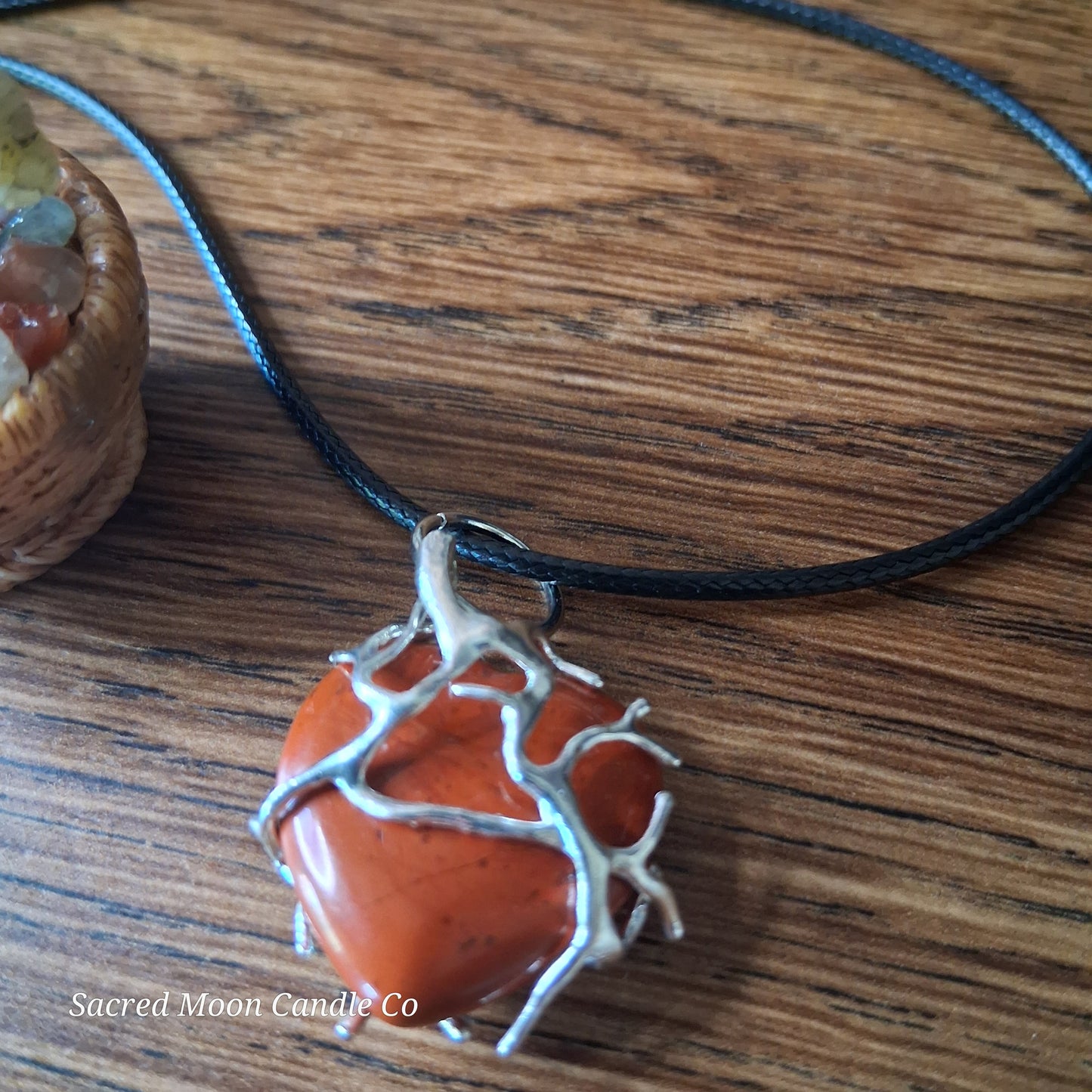 Red Jasper Tree Branch Wrapped Heart Stone Pendant Necklace by Sacred Moon Candle Co close up
