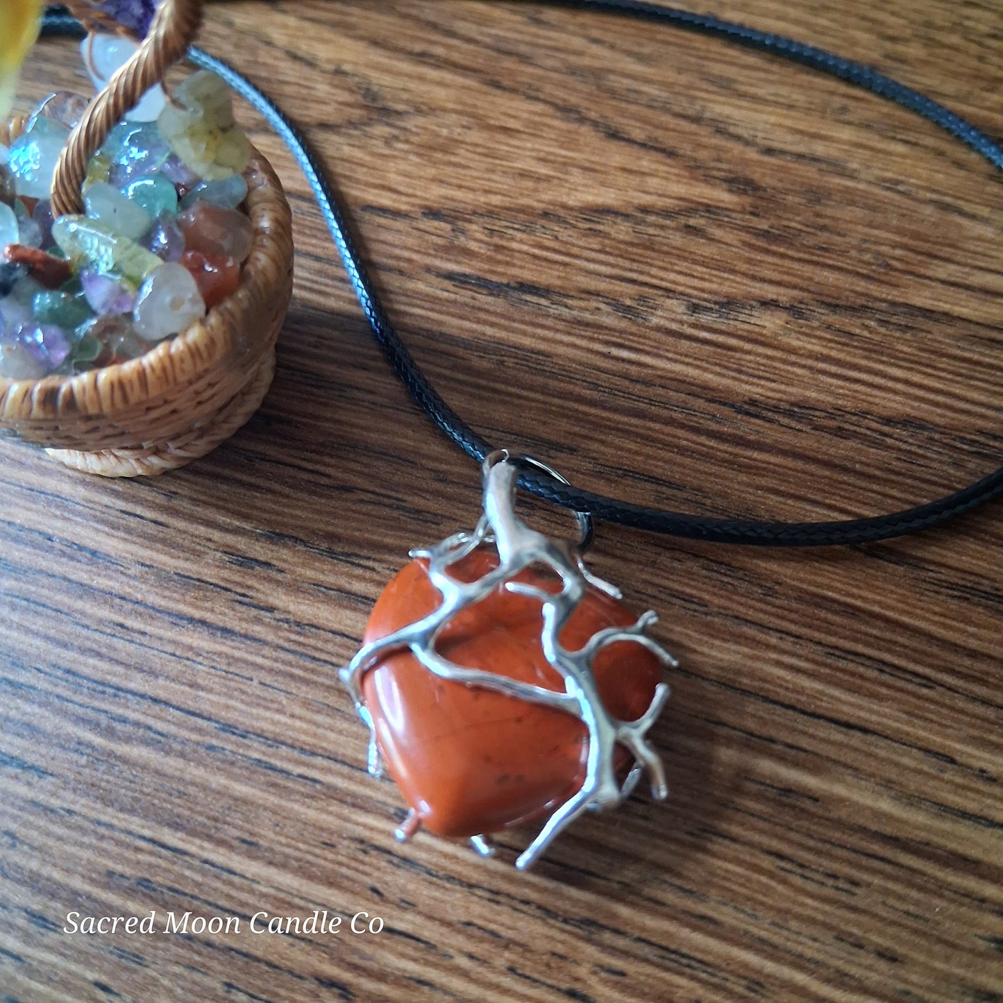 Red Jasper Tree Branch Wrapped Heart Stone Pendant Necklace on black cord from Sacred Moon Candle Co close up 2