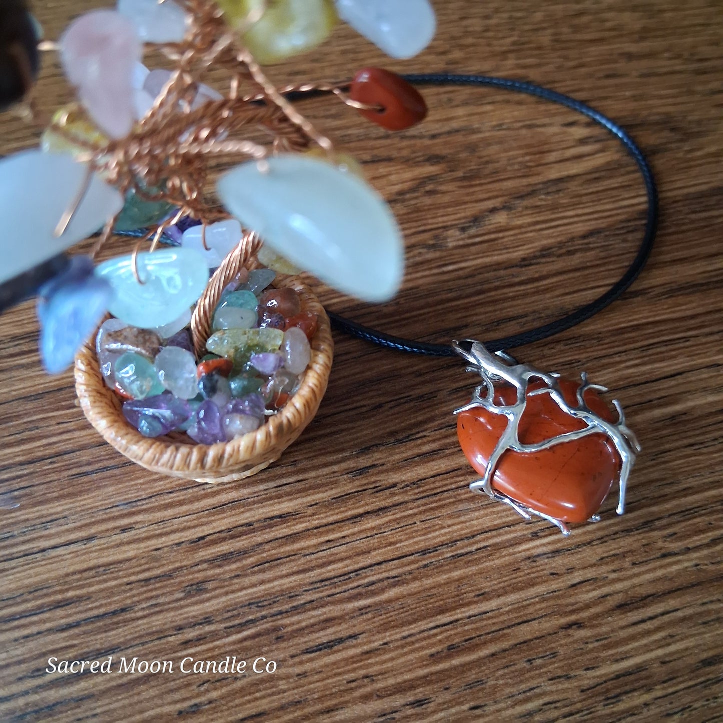Red Jasper Tree Branch Wrapped Heart Stone Pendant Necklace black cord by Sacred Moon Candle Co