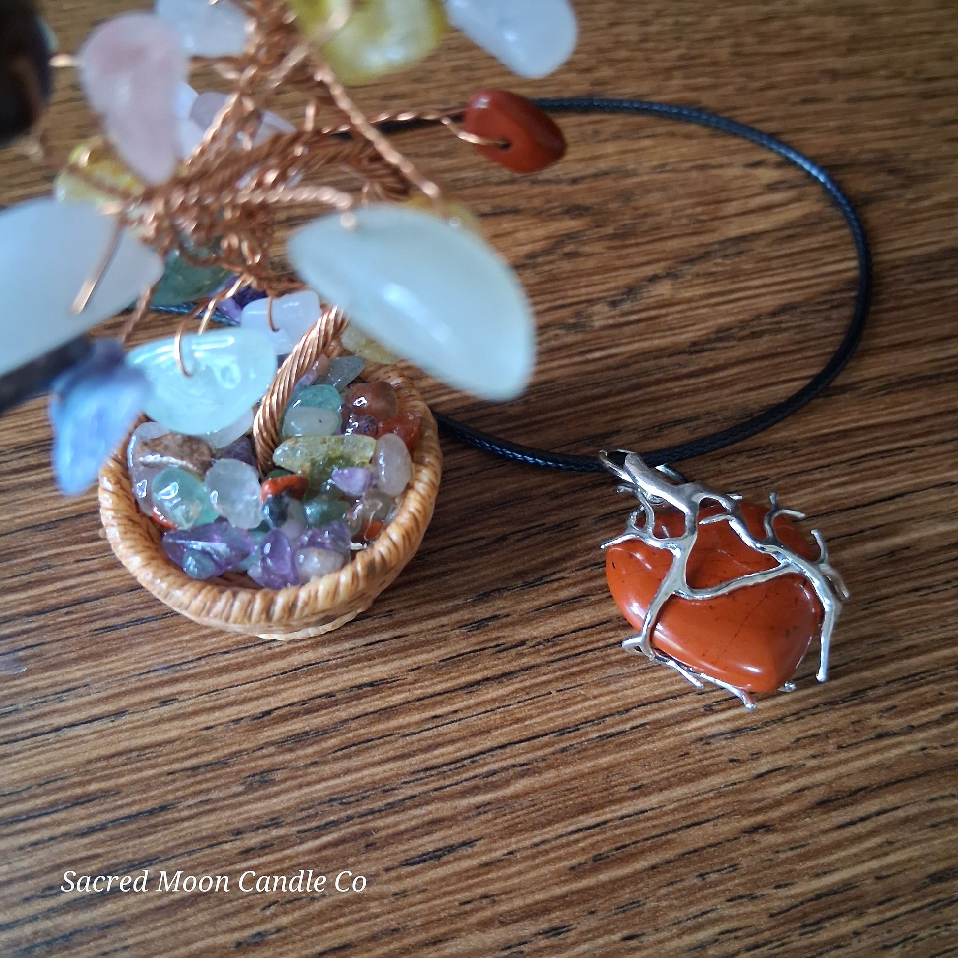 Red Jasper Tree Branch Wrapped Heart Stone Pendant Necklace black cord by Sacred Moon Candle Co
