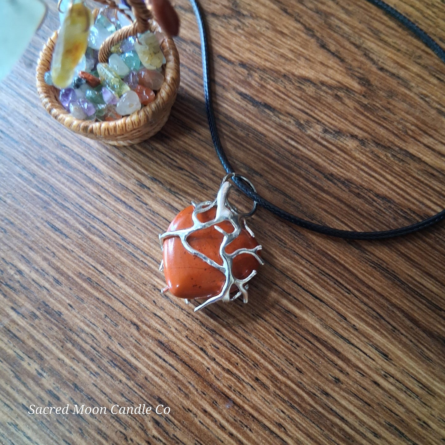 Red Jasper Tree Branch Wrapped Heart Stone Pendant Necklace on black cord by Sacred Moon Candle Co 