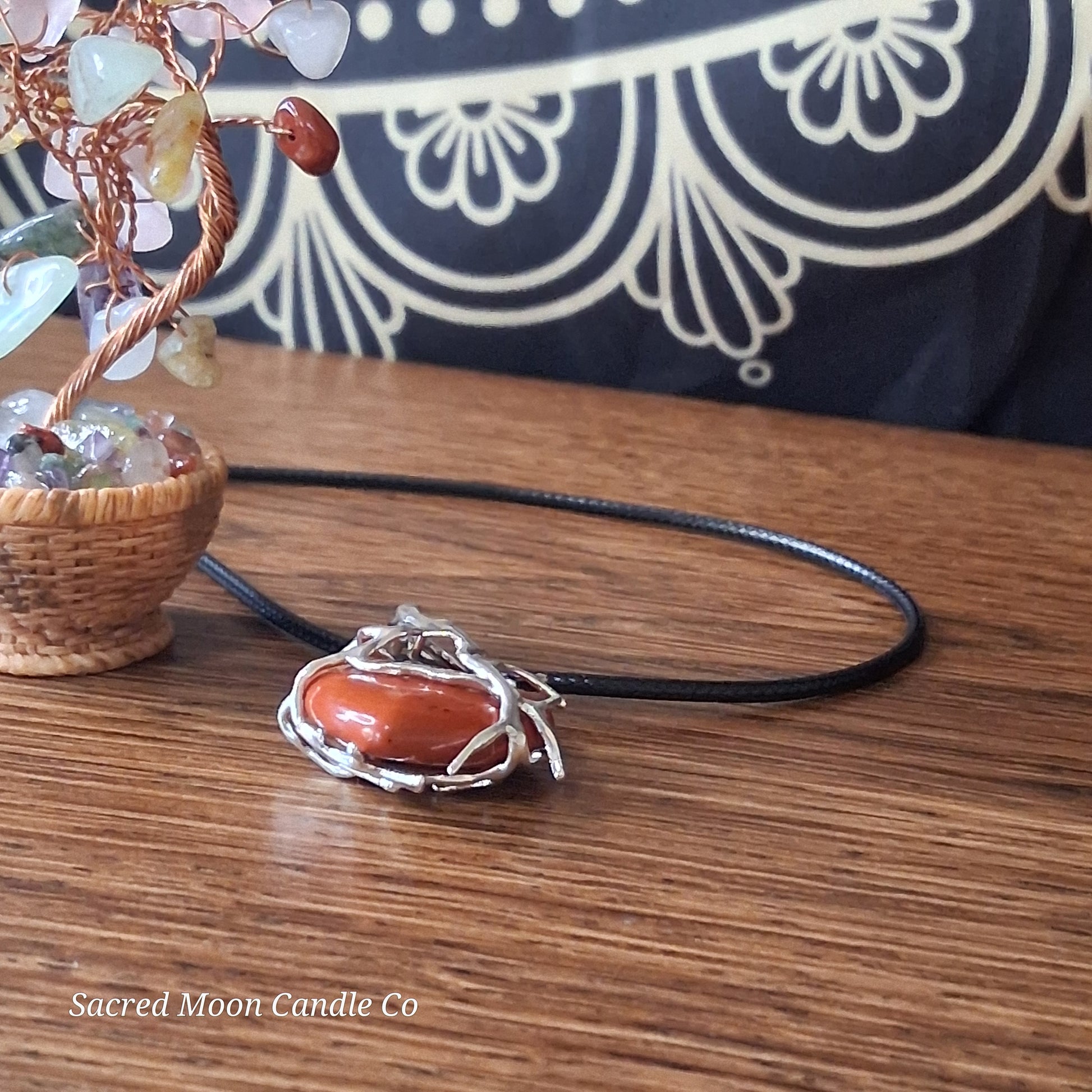Red Jasper Tree Branch Wrapped Heart Stone Pendant Necklace on black cord by Sacred Moon Candle Co