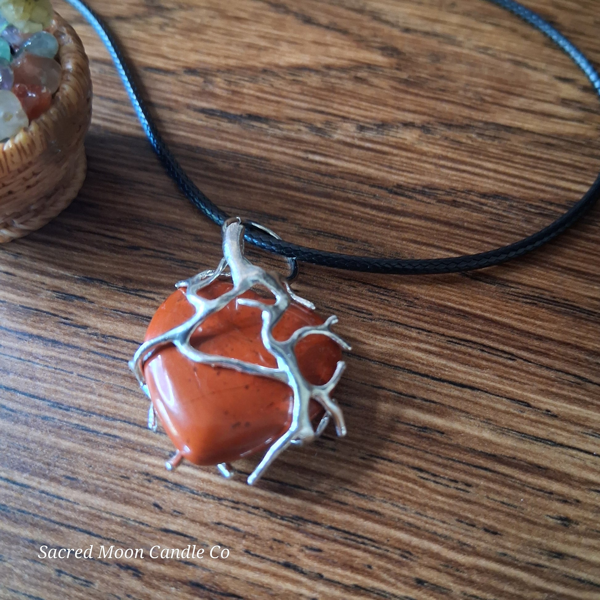 Red Jasper Tree Branch Wrapped Heart Stone Pendant Necklace on black cord by Sacred Moon Candle Co close up 5