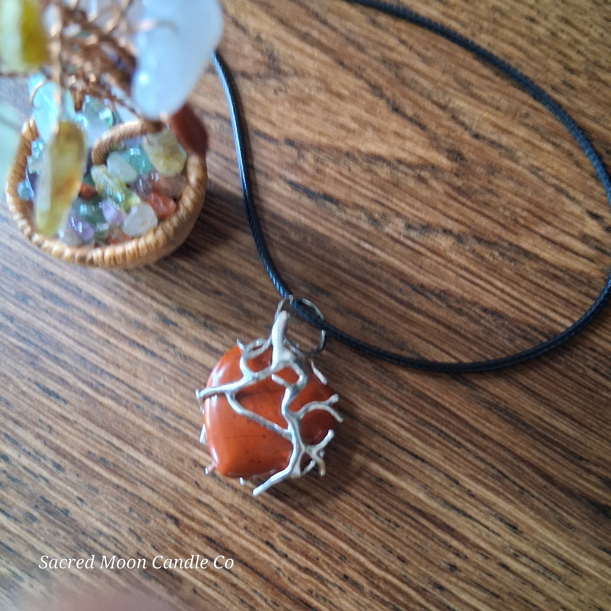 Red Jasper Tree Branch Wrapped Heart Stone Pendant Necklace on black cord from Sacred Moon Candle Co