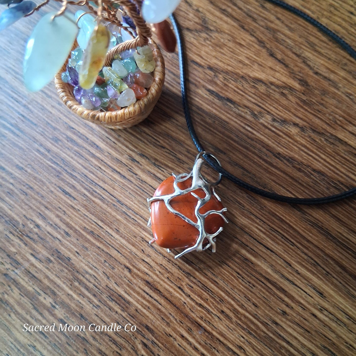 Red Jasper Tree Branch Wrapped Heart Stone Pendant  close up 6 Necklace on black cord by Sacred Moon Candle Co