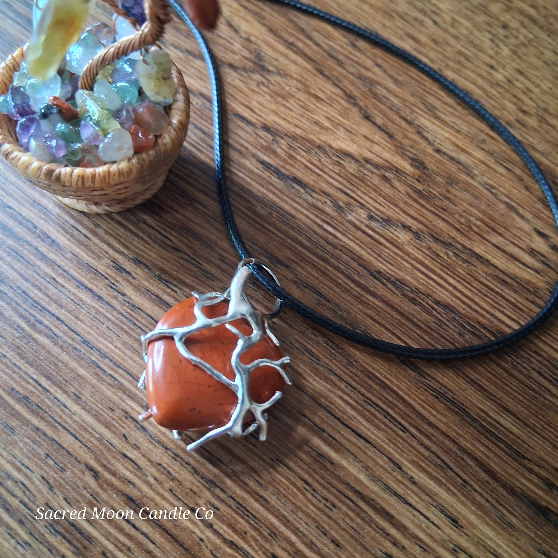 Red Jasper Tree Branch Wrapped Heart Stone Pendant Necklace with black cord from Sacred Moon Candle Co
