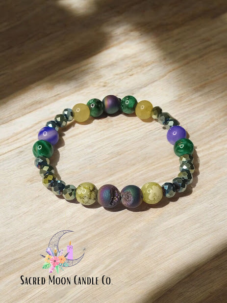 Sacred Moon Candle Co so fking zen affirmation bracelet with colorful natural stone beads on wooden surface